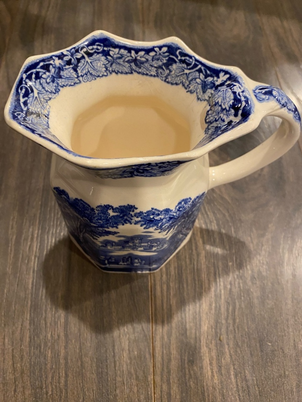 Mason Blue and White Ceramic Pitcher with Transfer Pattern